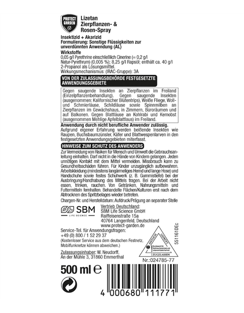 Zierpflanzen und Rosen Pumpspray Protect Garden Lizetan AF 500 ml